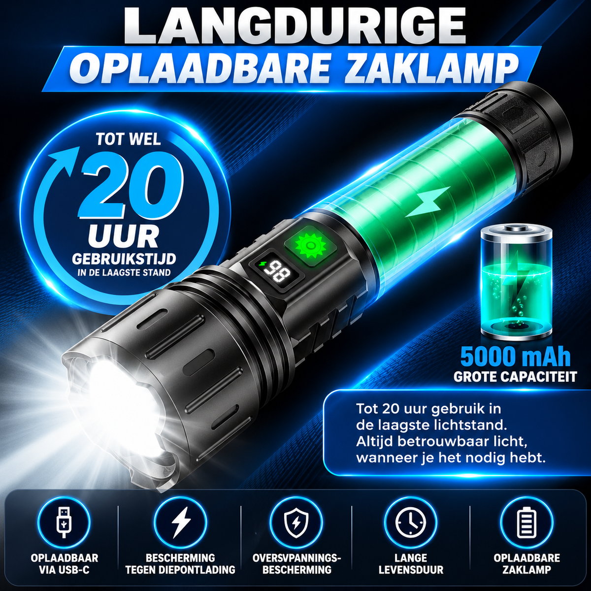 Oplaadbare LED Zaklamp – Krachtige Lichtbundel – USB-C – Powerbank – Waterbestendig